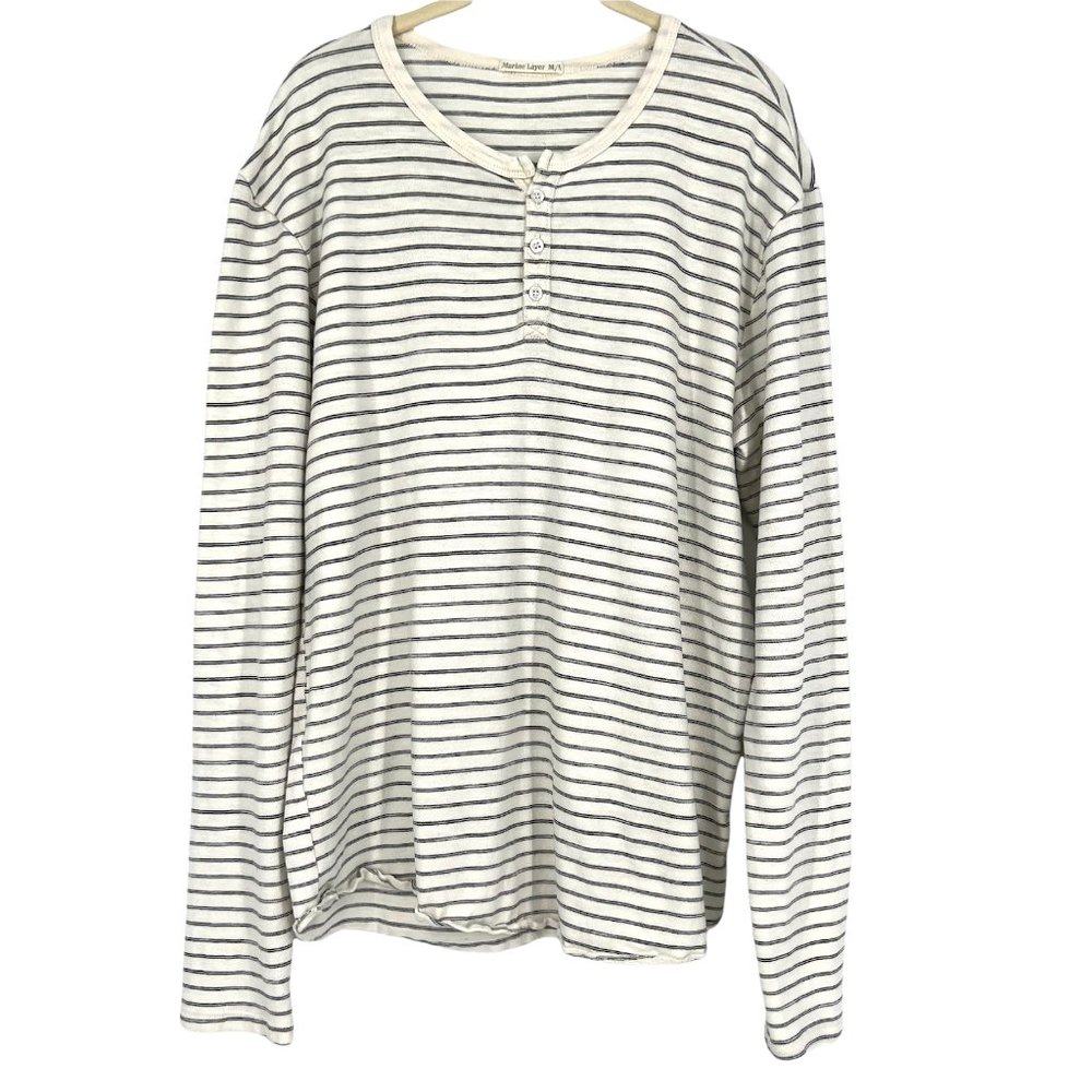 Marine Layer Medium/Large Striped Henley Long Sleeve Shirt Ivory Black